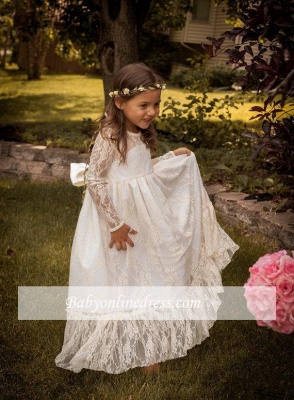 Modern Flower Length A-line Lace Long-Sleeve Jewel Flower Girl Dress with Bow_3