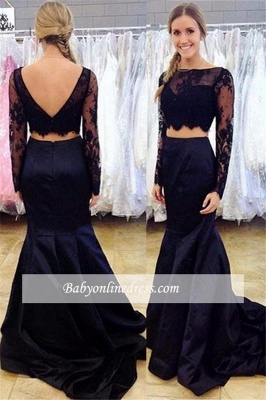 Black Two-Piece Mermaid Prom Dress 2021 Long-Sleeve Open-Back Lace Evening Gowns_1