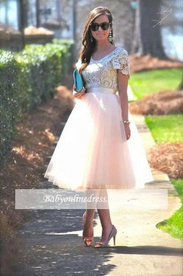 Lace Tea-Length Tulle Short-Sleeves A-Line Homecoming Dress_3