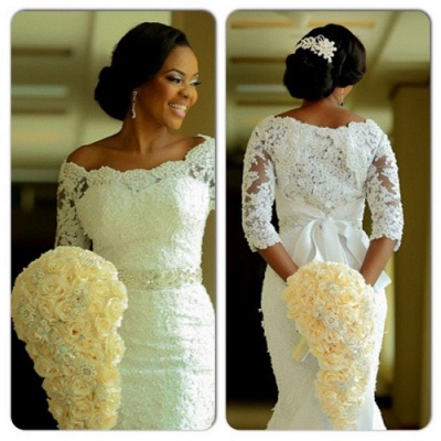 2021 Lace Mermaid Wedding Dresses Half Long Sleeves Off the Shoulder Beaded Elegant Bridal Gowns_3
