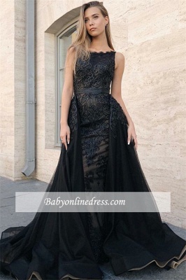Sexy Crew Sleeveless Black Prom Dresses | Lace Overskirt 2021 Evening Gowns On Sale_3