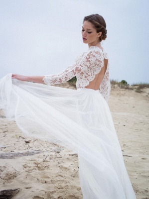 Modern Lace V-neck 3/4 sleeves Simple A-line Wedding Dresses_5