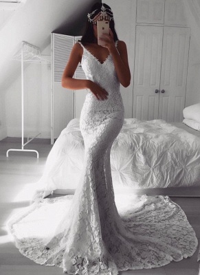 Sexy Lace Mermaid Wedding Dresses | Spaghetti Straps Open Back Long Bridal Gowns_1