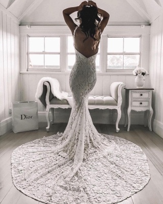 Sexy Lace Mermaid Wedding Dresses | Spaghetti Straps Open Back Long Bridal Gowns_3