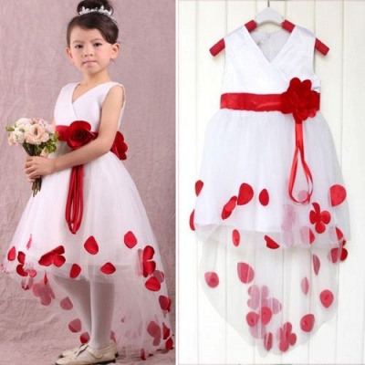 Cute White V-Neck Hi-Lo Flower Girl Dresses Unique Cheap Tulle Ball Gown Chidern Dresses with Belt_1