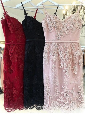 Elegant Pink Sheath Homecoming Dresses | Spaghettis Straps Lace Appliques Cocktail Dress_3