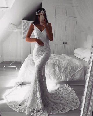 Sexy Lace Mermaid Wedding Dresses | Spaghetti Straps Open Back Long Bridal Gowns_4
