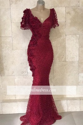 Gorgeous Short Sleeves V-Neck Prom Gowns | Beaded Mermaid Long 2021 Evening Dresses_3