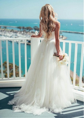 Gorgeous Floor Length Sweetheart Spaghetti Straps Tulle Beach Wedding Dresses_5