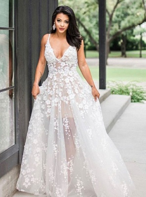Sexy See Through A-Line Wedding Dresses | Spaghetti Straps Lace Bridal Gowns_1