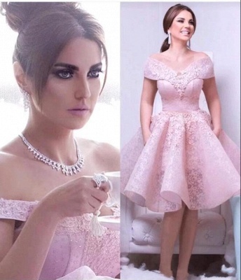 Chic Pink A-Line Homecoming Dresses | Off-The-Shoulder Lace Cocktail Dresses_3