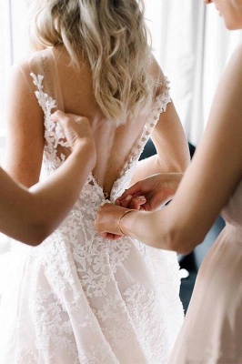 Elegant Lace A-Line Wedding Dresses | V-Neck Sleeveless Long Bridal Gowns_2