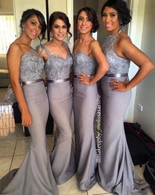 Grey Bridesmaid Dresses 2021 Sash Sequined Appliques Draped Ruffle Sweep Train Mermaid Satin Party Gowns_1